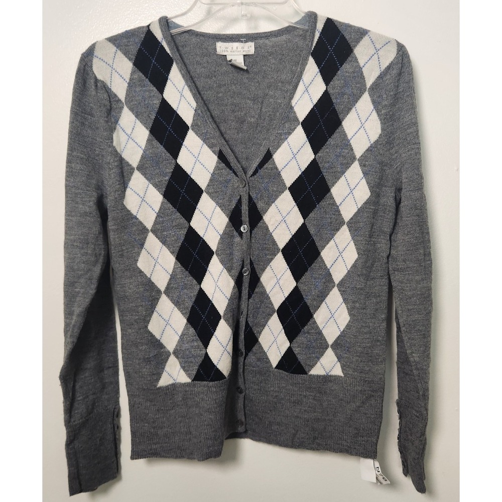Tweeds 100% Merino Wool Argyle Cardigan Button V-Neck Sweater Gray Black Medium